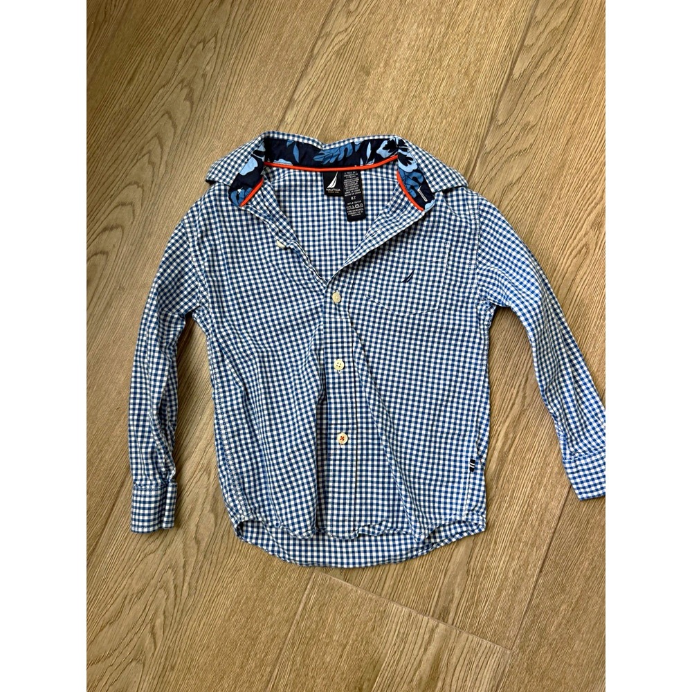 Nautica Boys 4T Blue/White Gingham Cotton Long Sleeve Collared Button-Up